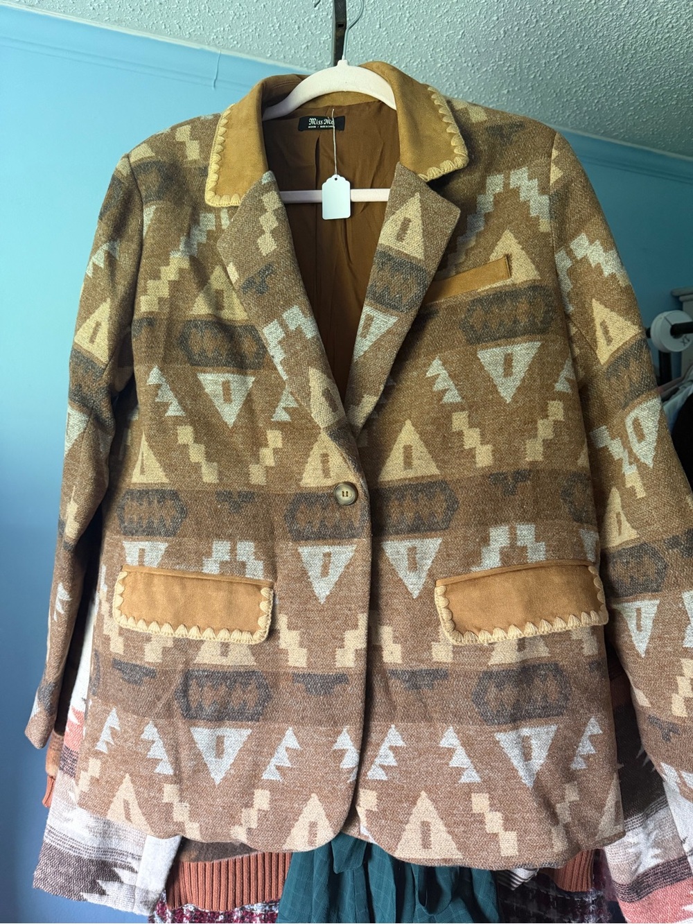 Miss Me Southwest Pattern Brown Wool Blend Women's Jacket nwot med